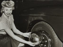 leota carroll with 1945 ford sedan hubcap